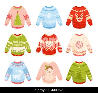 Set di illustrazioni vettoriali piatte per pullover natalizi. Abbigliamento festivo invernale con renne, albero di natale, fiocco di neve e pupazzo di neve. Colorato caldo Illustrazione Vettoriale
