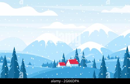 Illustrazione vettoriale orizzontale invernale. Cottage con tetti in tegole rosse su colline innevate. Paesaggi innevati delle montagne. Panorama della campagna invernale Illustrazione Vettoriale