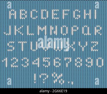 Immagine vettoriale piatta con font natalizio. Set di alfabeti e numeri stilizzati a maglia. Stagione invernale ABC, lettere maiuscole con numeri e simboli Illustrazione Vettoriale