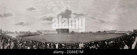 Una visione del tardo XIX secolo degli spettatori all'Oval, un campo internazionale di cricket a Kennington, nel distretto londinese di Lambeth, nel sud di Londra. E' stato il terreno di casa del Surrey County Cricket Club sin dall'apertura nel 1845 ed è stato il primo terreno in Inghilterra ad ospitare International Test Cricket nel settembre 1880. La partita finale di prova della stagione inglese viene tradizionalmente disputata lì. Foto Stock