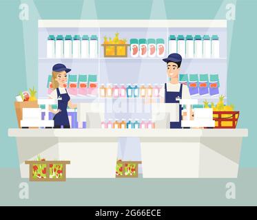 Illustrazione vettoriale piatta del supermarket checkout. Personaggi di cartoni animati maschili e femminili in uniforme che lavorano al negozio di alimentari. Scaffale con prodotti in Illustrazione Vettoriale