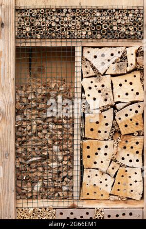 Insect Hotel dettaglio fatto di materiali naturali come legno con buchi, rami, bastoni di bambù e cannucce per una migliore biodiversità Foto Stock