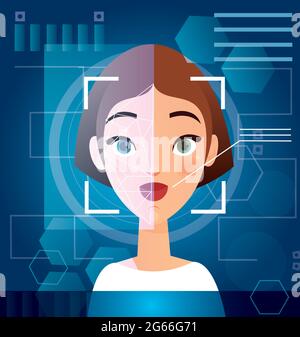 Illustrazione vettoriale del concetto di riconoscimento facciale della donna. Scansione biometrica dei volti, sicurezza futuristica, verifica personale su monitor, cyber Illustrazione Vettoriale