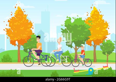 Ciclismo famiglia membri flat illustrazione. Riposo insieme, stile di vita sano, passeggiata autunnale, concetto di attività di vacanza. Cartoon sport personaggi di famiglia Illustrazione Vettoriale