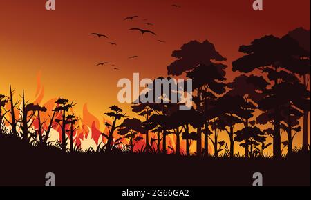 Immagine vettoriale fuoco in foresta piana. Uccelli che sorvolano fiamme di fuoco. Paesaggio Wildfire, terreno selvatico. Disastro ecologico naturale. Alberi in fiamme e Blaze Illustrazione Vettoriale