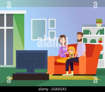 Illustrazione vettoriale della famiglia insieme guardando la TV, serata di famiglia. Genitori felici e figlia seduti sul divano nel soggiorno guardare la televisione Illustrazione Vettoriale