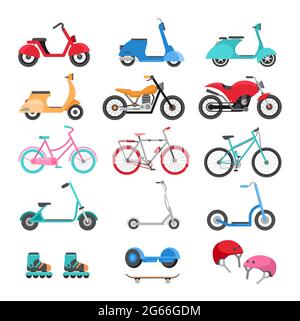 Set di illustrazioni per il trasporto ecologico urbano. Concetto di attività estive. Scooter, biciclette, pattini a rotelle, skateboard, casco cartoon clipart pack Foto Stock