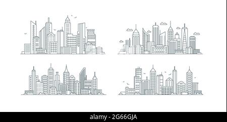 Set di icone lineari degli edifici cittadini, business center Illustrazione Vettoriale