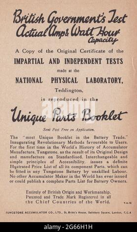 Annuncio d'epoca per il test del governo britannico capacità effettiva di Amp e Watt di ora / libretto di parti uniche - Tungstone Accumulator Co. Ltd. Foto Stock