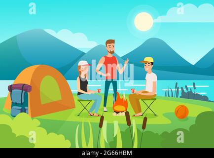 Immagine piatta dei membri della famiglia a riposo. Tempo libero attivo, stile di vita sano, concetto di vacanza estiva. Cartoni animati turisti caratteri vettoriali. Persone su Illustrazione Vettoriale