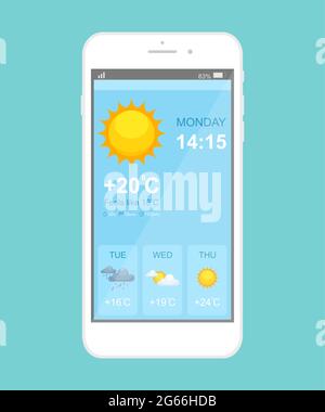 Modello vettoriale applicazione per smartphone con previsioni meteo. Interfaccia blu della pagina dell'app mobile. Condizioni meteo soleggiato, piovoso, nuvoloso tuono giorno telefono Illustrazione Vettoriale