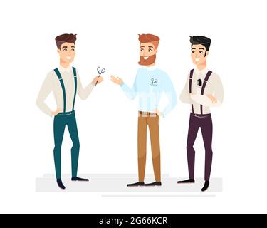 Illustrazione vettoriale di barrer bei. Cartoon trendy hipster barbiere uomini, felice e smiley capelli maestri uomini. barbes professionale in diversi Illustrazione Vettoriale