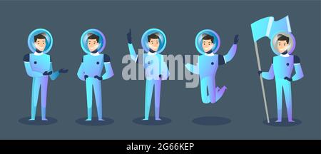 Illustrazione vettoriale insieme di personaggi cartoni animati spaceman in diverse posizioni, cosmonaut in movimento in spacesuit e casco isolato su blu scuro Illustrazione Vettoriale