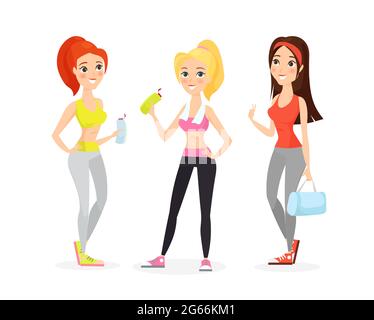 Illustrazione vettoriale di giovani donne in abiti sportivi, ragazze fitness, giovani ragazze amici fare sport. Donne in fitness sportswear, cartone animato stile piatto Illustrazione Vettoriale