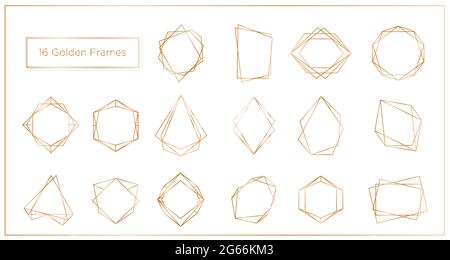 Illustrazione vettoriale dei riquadri dei segmenti dorati su sfondo bianco. Collezione di cornici sottili in poliedro geometrico, ideale per l'invito al matrimonio Illustrazione Vettoriale