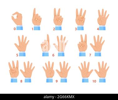 Illustrazione vettoriale delle mani e dei numeri con le dita. Movimento della mano umana e del numero isolato su sfondo bianco. Illustrazione Vettoriale