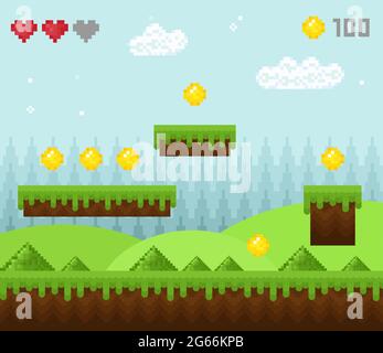 Illustrazione vettoriale del paesaggio di gioco di pixel in stile retrò, icone di scenario di gioco pixelated, sfondo di vecchio gioco, disegno di pixel. Illustrazione Vettoriale