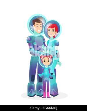 Illustrazione vettoriale della famiglia di spaceman. Felici astronauti in tuta spaziale - donna, uomo e figlia. Concetto di colonizzazione spaziale, Cosmonauts in futuristico Illustrazione Vettoriale