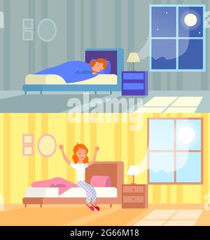 Illustrazione vettoriale della donna che dorme di notte e si sveglia al mattino. Dormite in un letto confortevole, Buongiorno, inizio giornata, svegliatevi. Cartone animato Illustrazione Vettoriale