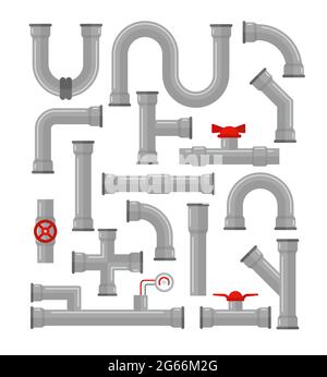 Illustrazione vettoriale insieme di tubi diversi tipi isolati su sfondo bianco. Tubi per acqua, elementi per la costruzione di valvole per gas, industria petrolifera Illustrazione Vettoriale