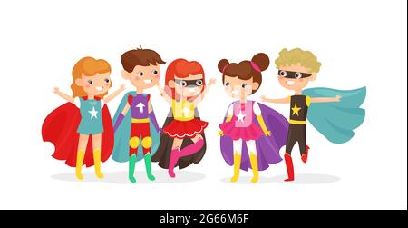 Illustrazione vettoriale dei bambini che indossano costumi colorati di supereroi. I bambini supereroi si divertono insieme, i bambini amici in costume festa isolato su bianco Illustrazione Vettoriale