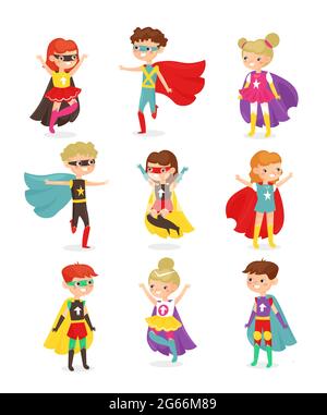 Illustrazione vettoriale di bambini super eroi. Bambini in costumi super eroi, super poteri, bambini vestiti in maschere. Collezione di felici bambini sorridenti Illustrazione Vettoriale