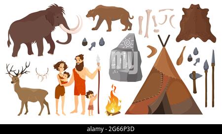 Illustrazione vettoriale di persone in età sasso con elementi per la vita, strumenti di caccia. Primitiva famiglia di persone Neanderthal - uomo, donna e bambini, mammut e. Illustrazione Vettoriale