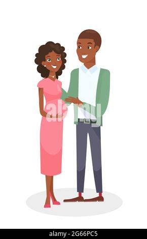 Illustrazione vettoriale della coppia afroamericana. Coppia di famiglie Black People. Uomo e donna graziosa incinta. Felice giovane famiglia in stile cartoon piano Illustrazione Vettoriale