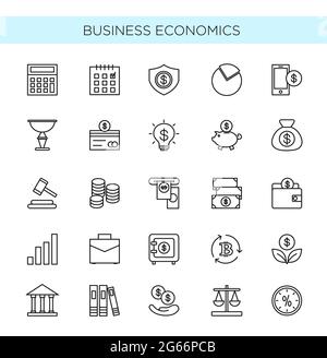 Illustrazione vettoriale insieme di icone sottili di business ed economia. Raccolta di oggetti bancari, monetari, commerciali ed elementi isolati su bianco Illustrazione Vettoriale