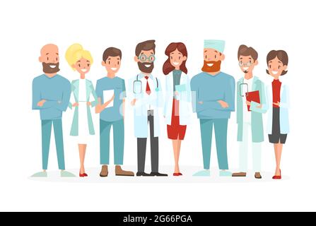 Illustrazione vettoriale del team dei medici. Lavoratori medici felici e sorridenti isolati su uno sfondo bianco. Personale ospedaliero in uniforme in stile piano cartoon. Illustrazione Vettoriale