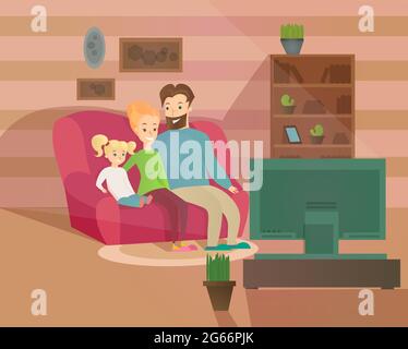 Illustrazione vettoriale di felice serata di famiglia. Madre, padre e capretto che guardano la televisione seduto sul divano a casa, interno accogliente in cartone animato piano Illustrazione Vettoriale