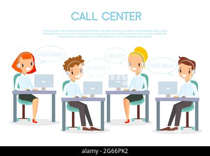 Illustrazione vettoriale degli operatori del call center in ufficio che lavorano con computer portatili e cuffie. Sorridenti e felici operatori del call center al lavoro Illustrazione Vettoriale