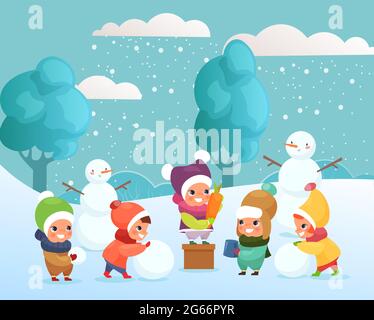 Illustrazione vettoriale di felici bambini divertenti e carini che giocano con la neve, facendo pupazzo di neve fuori. Bambini che giocano, concetto di vacanze invernali in cartone animato piano Illustrazione Vettoriale