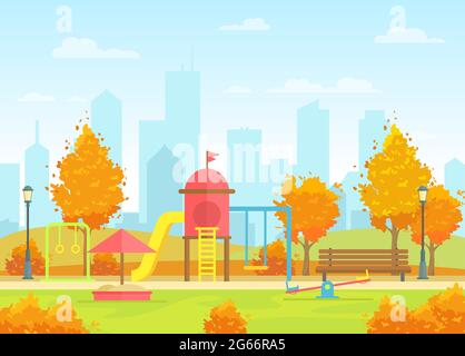 Illustrazione vettoriale del parco pubblico cittadino con parco giochi per bambini sullo sfondo moderno della grande città. Bellissimo parco cittadino autunnale con colorato giallo arancio Illustrazione Vettoriale