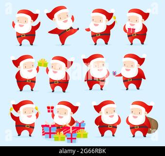 Collezione di illustrazioni vettoriali di Natale Babbo Natale in posa diversa su sfondo azzurro. Simpatici personaggi di Santas cartoon. Anno nuovo Illustrazione Vettoriale
