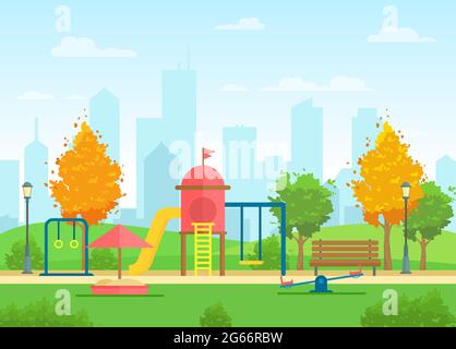 Illustrazione vettoriale del parco pubblico cittadino con parco giochi per bambini e paesaggio urbano sullo sfondo in stile cartoon piano. Illustrazione Vettoriale