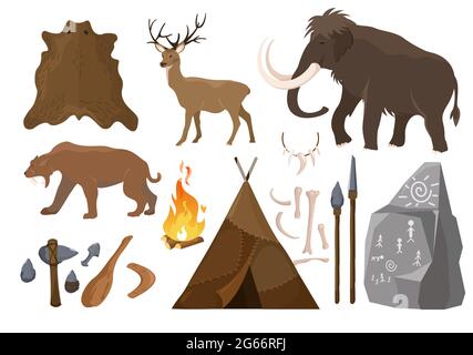 Illustrazione vettoriale di una grande serie di elementi di attributi relativi all'età della pietra. Elementi primitivi dell'età del ghiaccio. Età della pietra. Strumenti di caccia, mammut, wigwam e animali Illustrazione Vettoriale
