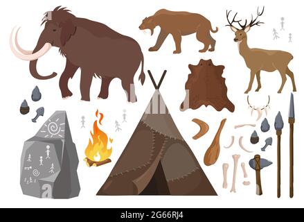 Illustrazione vettoriale di un insieme di elementi della vita delle persone in età sasso. Stile di vita dell'uomo primitivo, animali anicenti. Ice age. Raccolta primitiva di armi Illustrazione Vettoriale