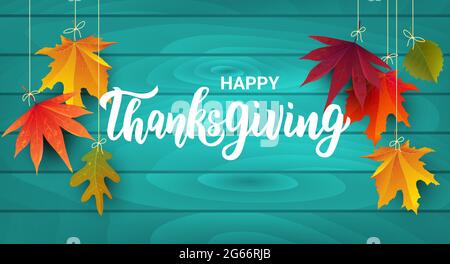 Testo con lettere a mano per il Ringraziamento felice. Biglietto d'auguri per la celebrazione del giorno del Ringraziamento. Illustrazione Vettoriale