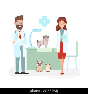 Illustrazione vettoriale del personale dei veterinari con animali carini. Vet e dottori con cani e gatti. Concetto veterinario, cura degli animali, animali e. Illustrazione Vettoriale