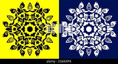 Indiano tradizionale e culturale Rangoli Mandala design concetto di arte linea floreale isolato su sfondo giallo e blu Illustrazione Vettoriale