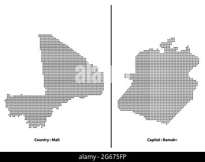 Mappa vettoriale a mezzitoni punteggiata del paese del Mali e della sua capitale Bamako per il vostro design, concetto di illustrazione di viaggio. Illustrazione Vettoriale