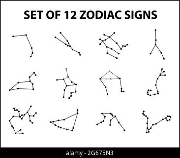 Set di 12 costellazioni isolate o segni zodiacali su sfondo bianco. Illustrazione Vettoriale