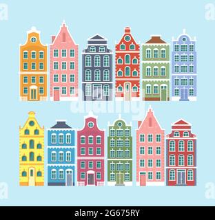Illustrazione vettoriale insieme di case colorate europee vecchio stile isolato su sfondo di colore azzurro. Olandese, Netherland stile carino case in appartamento Illustrazione Vettoriale