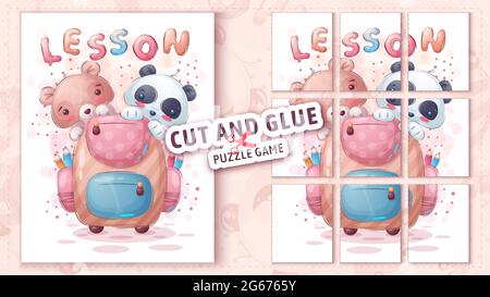 Maiale e panda con breve custodia, taglio e colla - gioco di puzzle. Illustrazione Vettoriale