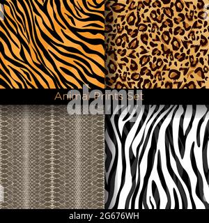 Illustrazione vettoriale insieme di modelli di pelle animale senza cuciture. Collezione di modelli Tiger, zebra, serpente e leopardo. Illustrazione Vettoriale