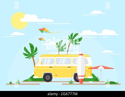 Illustrazione vettoriale del bus di surf sulla spiaggia di palme, concetto estivo. Trailer giallo d'epoca con surf board, concept di viaggio, estate. Illustrazione Vettoriale