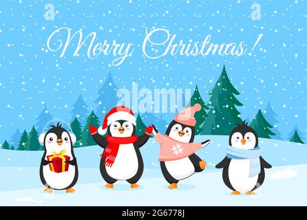 Illustrazione vettoriale dei pinguini carini nei vestiti di Natale. Banner delle vacanze invernali, auguri di buon Natale. Pinguini felici e divertenti in inverno Illustrazione Vettoriale