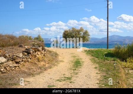 Percorso per la spiaggia sabbiosa di Logaras con acqua di mare blu sull'isola di Paros Foto Stock