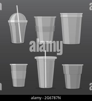illustrazione vettoriale set di tazze monouso in plastica trasparente vuote isolate su sfondo grigio scuro. Collezione di bicchieri da bibita da asporto. Illustrazione Vettoriale